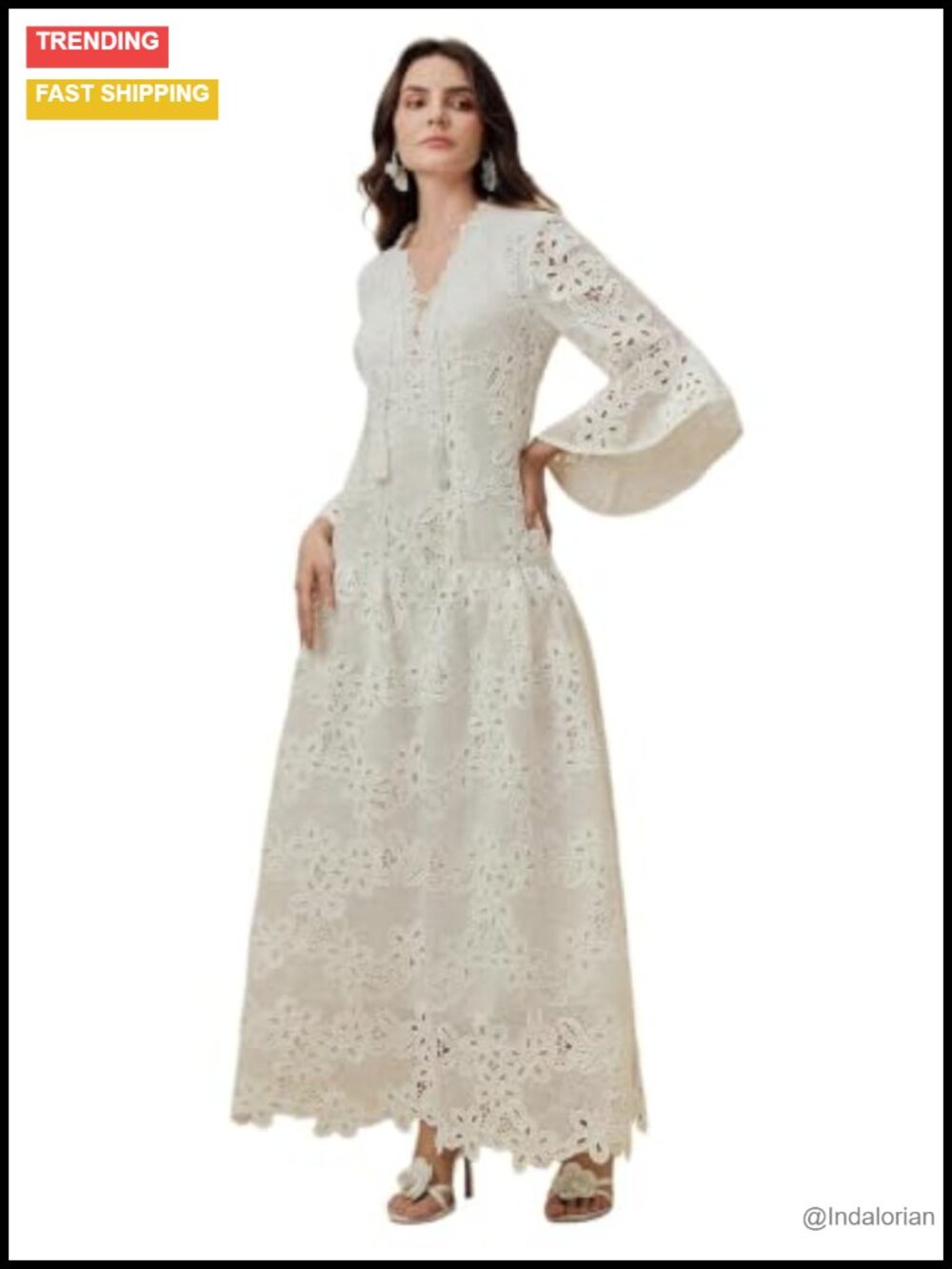 Elegant Lace Maxi Dress with Bell Sleeves & V-Neck